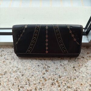 Black Genuine Leather Embellished Long Wallet Clutch
